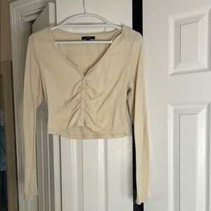 Beige Long Sleeve Ruched Top